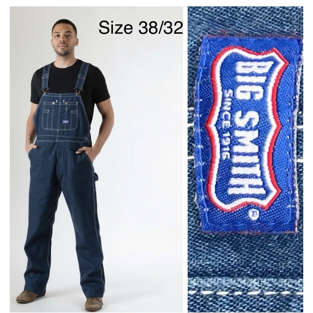 Big Smith Bib Overalls Mens 38x32 Denim Blue Workwear Carpenter Farm Trucker
